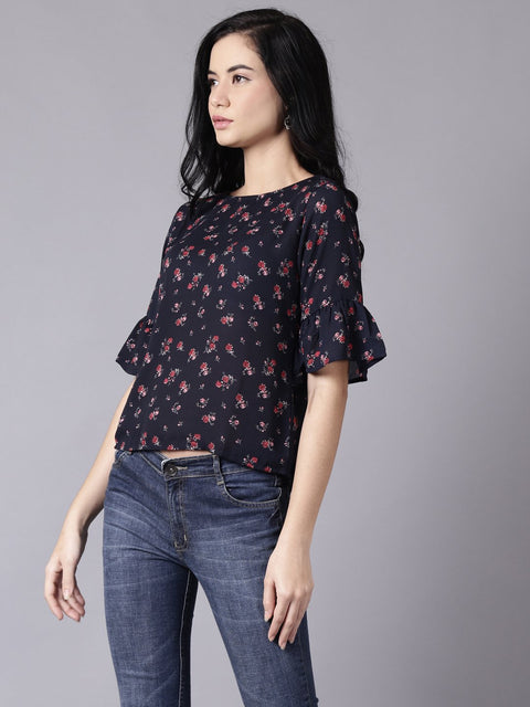 Daima Women Navy Blue Casual Printed Round Neck Top