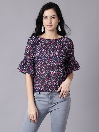 Daima Women Navy Blue Casual Printed Round Neck Top