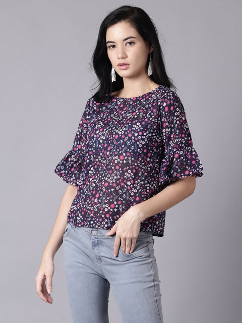 Daima Women Navy Blue Casual Printed Round Neck Top