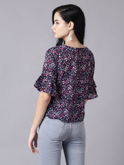 Daima Women Navy Blue Casual Printed Round Neck Top