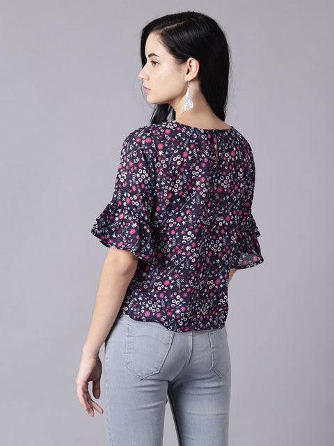 Daima Women Navy Blue Casual Printed Round Neck Top