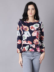 Daima Women Navy Blue Casual Printed Round Neck Top