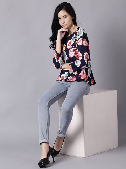 Daima Women Navy Blue Casual Printed Round Neck Top