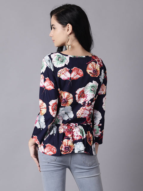 Daima Women Navy Blue Casual Printed Round Neck Top