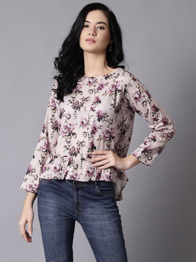 Daima Women Beige Casual Printed Round Neck Top