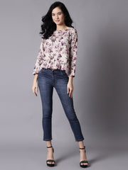 Daima Women Beige Casual Printed Round Neck Top