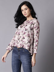 Daima Women Beige Casual Printed Round Neck Top