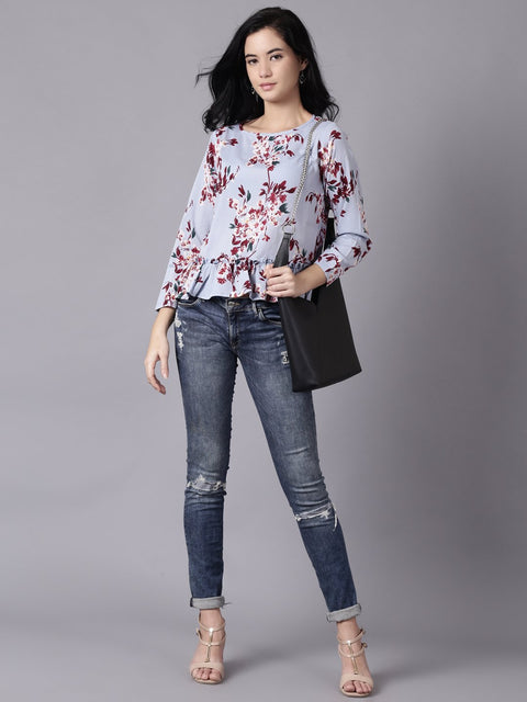 Daima Women Blue Casual Printed Round Neck Top