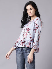 Daima Women Blue Casual Printed Round Neck Top