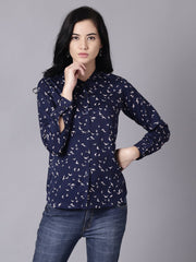 Daima Women Navy Blue Regular Printed Mandarin Collar Crepe Shirt