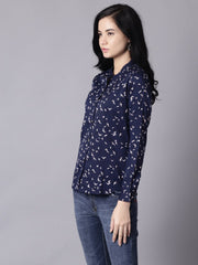 Daima Women Navy Blue Regular Printed Mandarin Collar Crepe Shirt