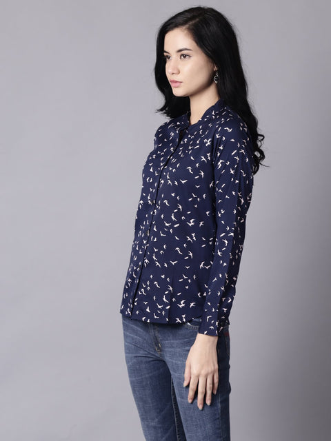 Daima Women Navy Blue Regular Printed Mandarin Collar Crepe Shirt