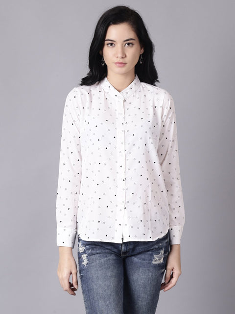 Daima Women White Regular Printed Mandarin Collar Crepe Shirt