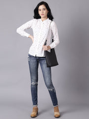 Daima Women White Regular Printed Mandarin Collar Crepe Shirt