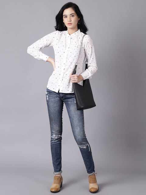 Daima Women White Regular Printed Mandarin Collar Crepe Shirt