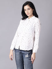 Daima Women White Regular Printed Mandarin Collar Crepe Shirt