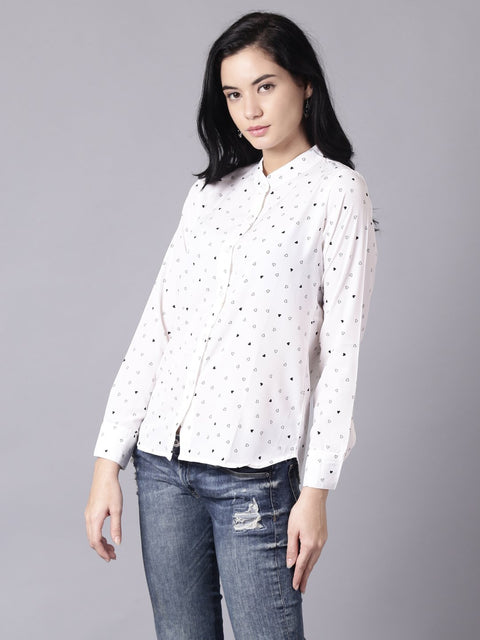 Daima Women White Regular Printed Mandarin Collar Crepe Shirt
