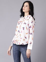Daima Women White Regular Printed Mandarin Collar Crepe Shirt