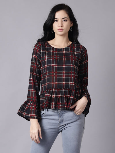 Daima Women Blue Casual Checked Round Neck Top