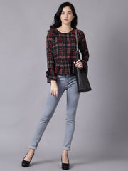 Daima Women Blue Casual Checked Round Neck Top