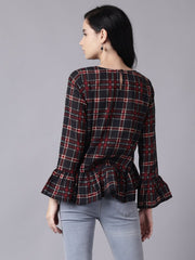 Daima Women Blue Casual Checked Round Neck Top