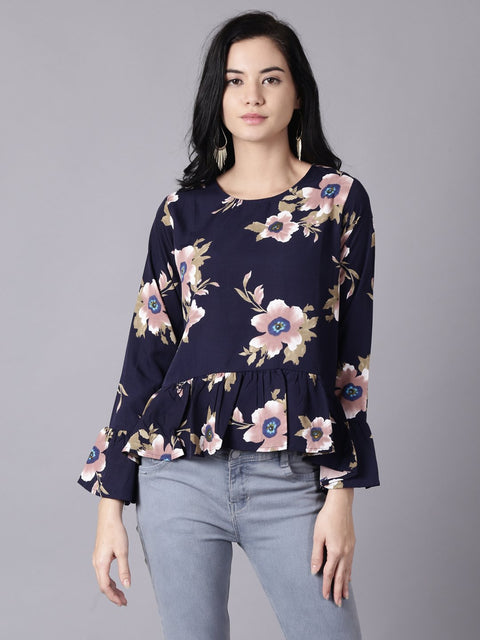 Daima Women Navy Blue Casual Printed Round Neck Top