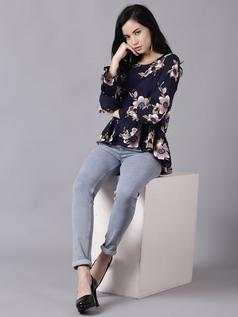 Daima Women Navy Blue Casual Printed Round Neck Top