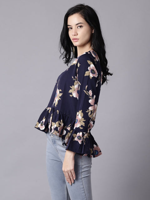 Daima Women Navy Blue Casual Printed Round Neck Top