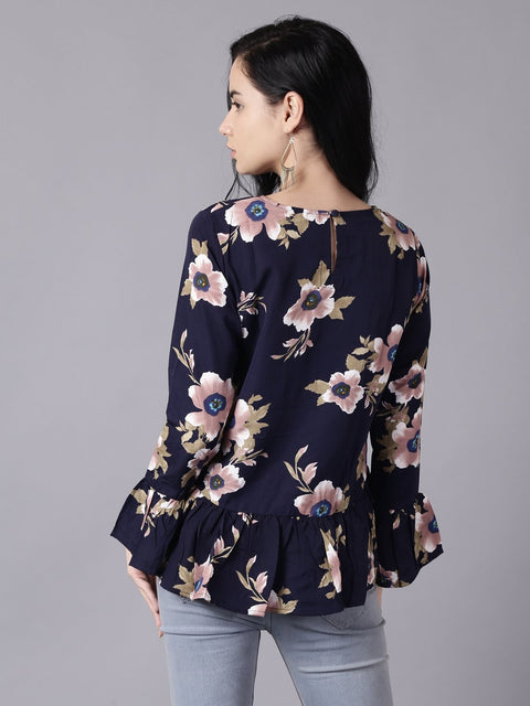 Daima Women Navy Blue Casual Printed Round Neck Top