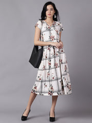 Daima Women White Floral Printed V-Neck Fit and Flare Dress