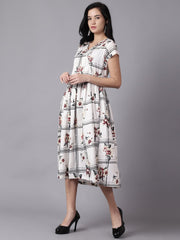Daima Women White Floral Printed V-Neck Fit and Flare Dress