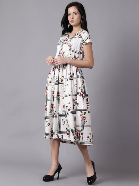 Daima Women White Floral Printed V-Neck Fit and Flare Dress