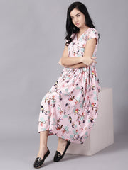 Daima Women Pink Floral Printed V-Neck Fit and Flare Dress