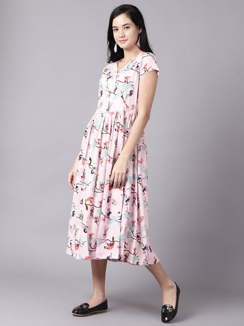 Daima Women Pink Floral Printed V-Neck Fit and Flare Dress