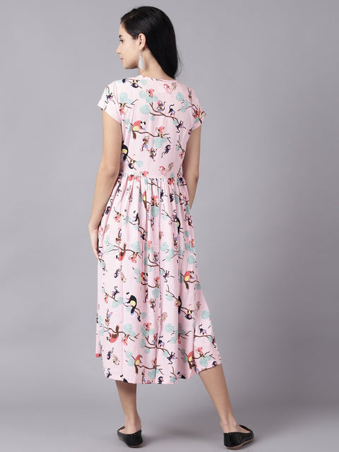 Daima Women Pink Floral Printed V-Neck Fit and Flare Dress