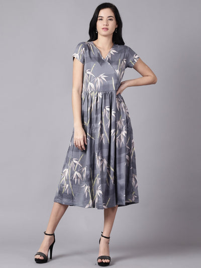 Daima Women Blue Floral Printed V-Neck Fit and Flare Dress