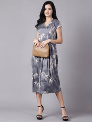 Daima Women Blue Floral Printed V-Neck Fit and Flare Dress