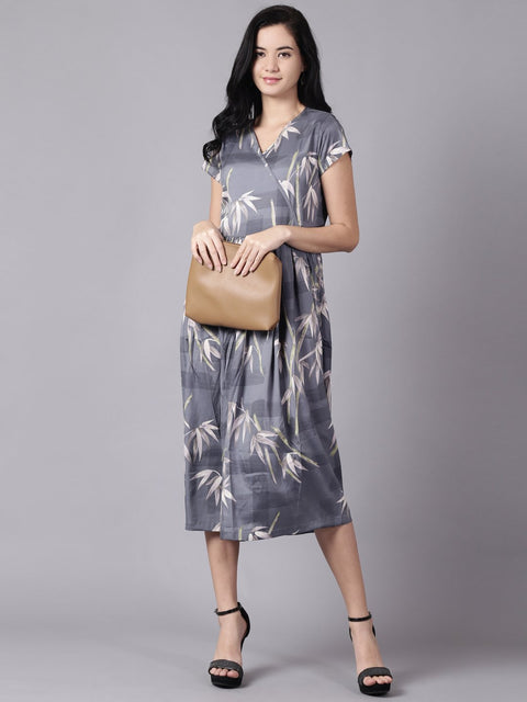 Daima Women Blue Floral Printed V-Neck Fit and Flare Dress