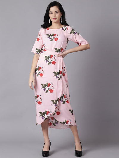 Daima Women Pink Floral Printed Round Neck A-Line Dress