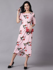 Daima Women Pink Floral Printed Round Neck A-Line Dress