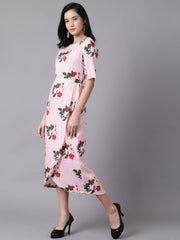 Daima Women Pink Floral Printed Round Neck A-Line Dress