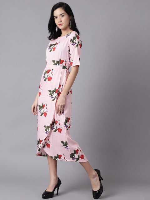 Daima Women Pink Floral Printed Round Neck A-Line Dress