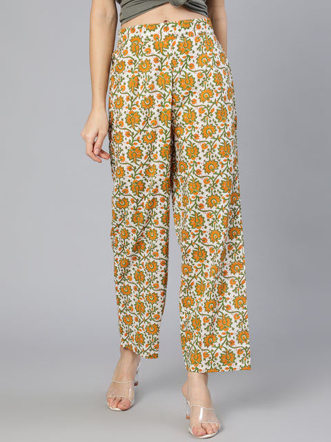 Women White & Orange Floral Printed Ethnic palazzo