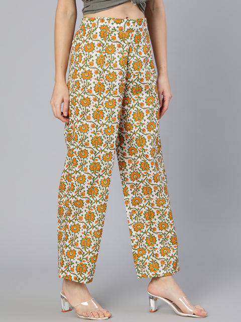Women White & Orange Floral Printed Ethnic palazzo