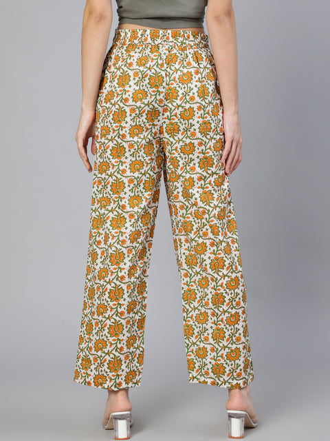 Women White & Orange Floral Printed Ethnic palazzo