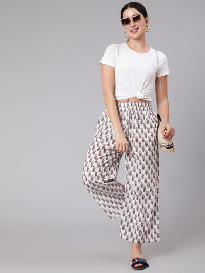 Women White & Pink Floral Printed Palazzo