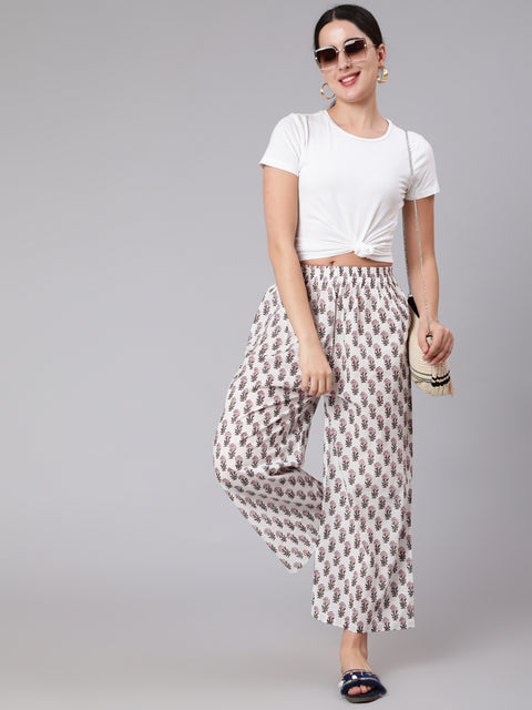 Women White & Pink Floral Printed Palazzo