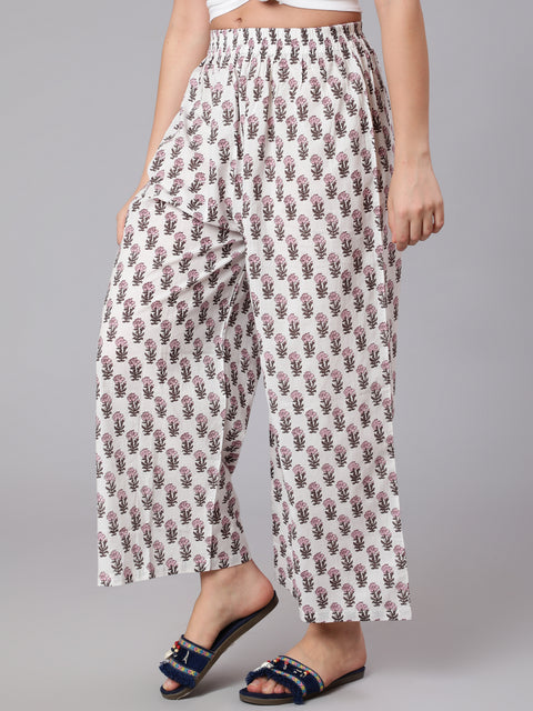 Women White & Pink Floral Printed Palazzo