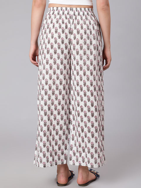 Women White & Pink Floral Printed Palazzo