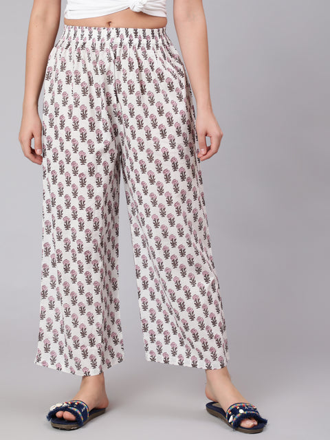 Women White & Pink Floral Printed Palazzo
